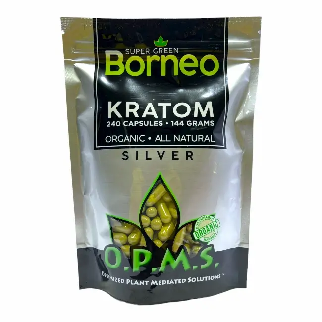 OPMS KRATOM | SILVER | MAENG DA | 144 GM | 240 CT | SUPER GREEN BORNEO product image