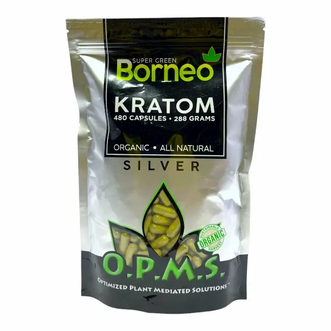 OPMS | SILVER | KRATOM | 480 CT | 288 GM | SUPER GREEN BORNEO BAG product image